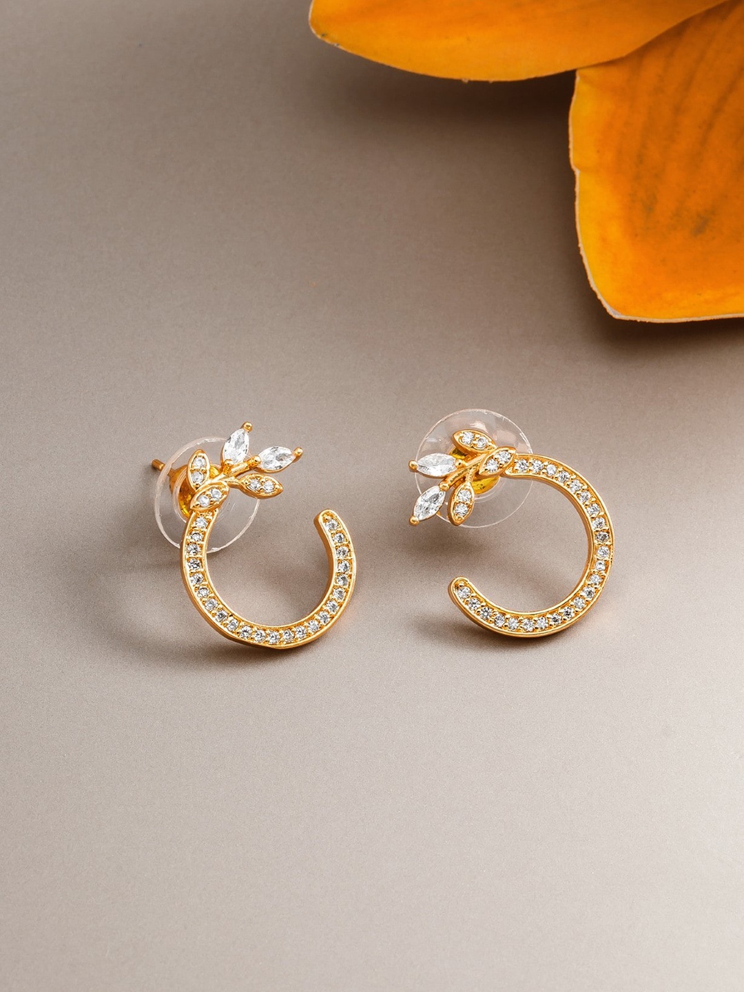 

LUMIERE JEWEL Gold Plated Stone Studded Geometric Half Hoop Earrings