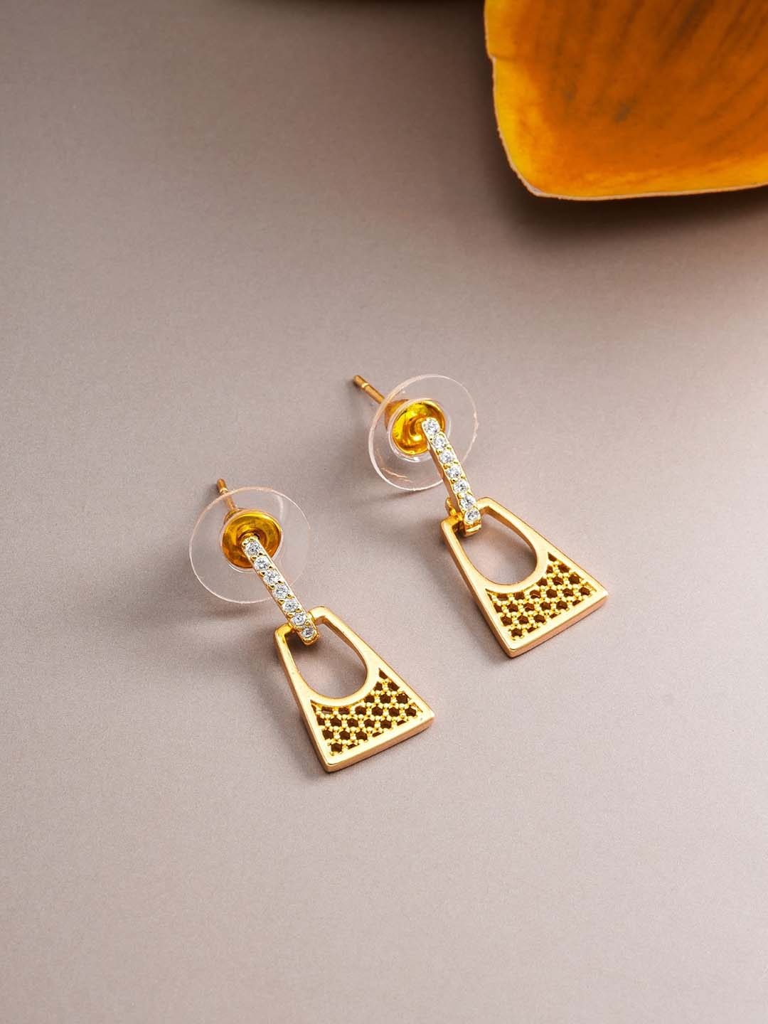 

LUMIERE JEWEL Gold-Plated Stone-Studded Contemporary Drop Earrings