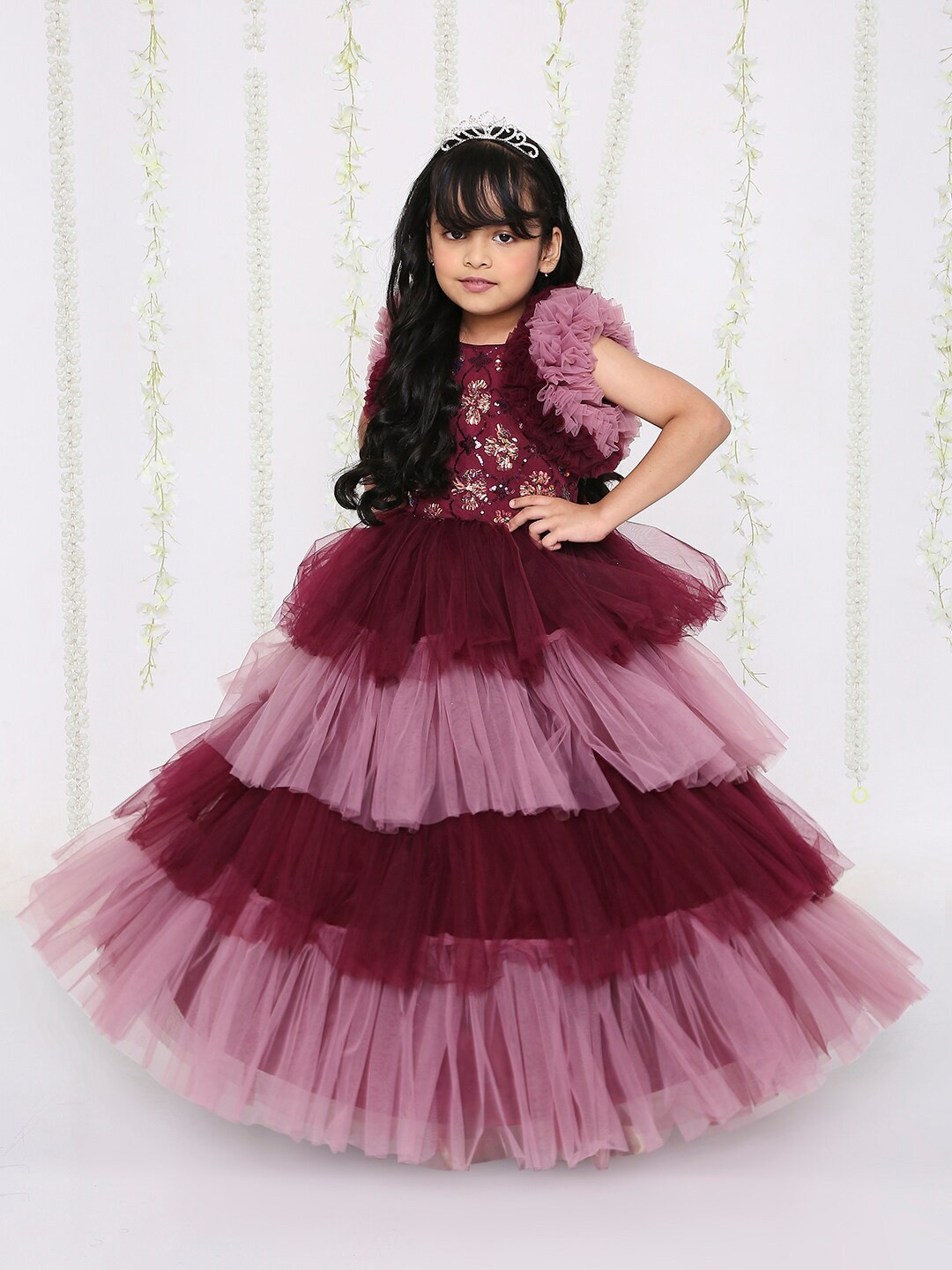 

KID1 Girls Embellished Flutter Sleeve Layered Net Maxi Dress, Purple