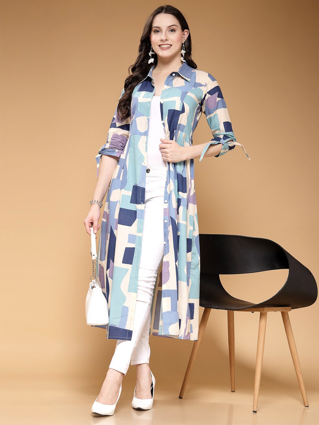 

LARGISH Abstract Printed Open Front Cotton Shrug, Grey