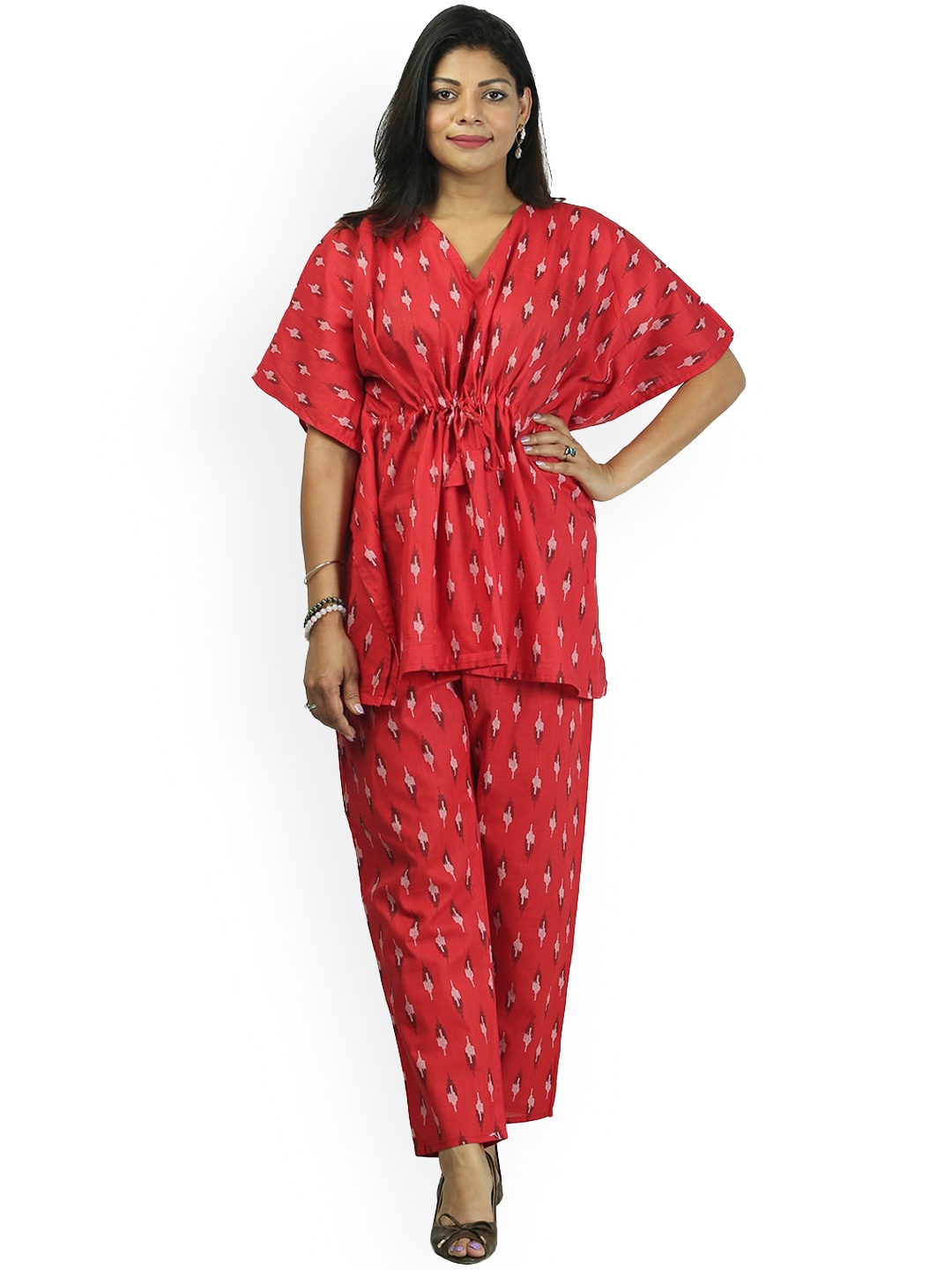 

Freesia Array Printed Pure Cotton Kaftan Top & Trouser, Red
