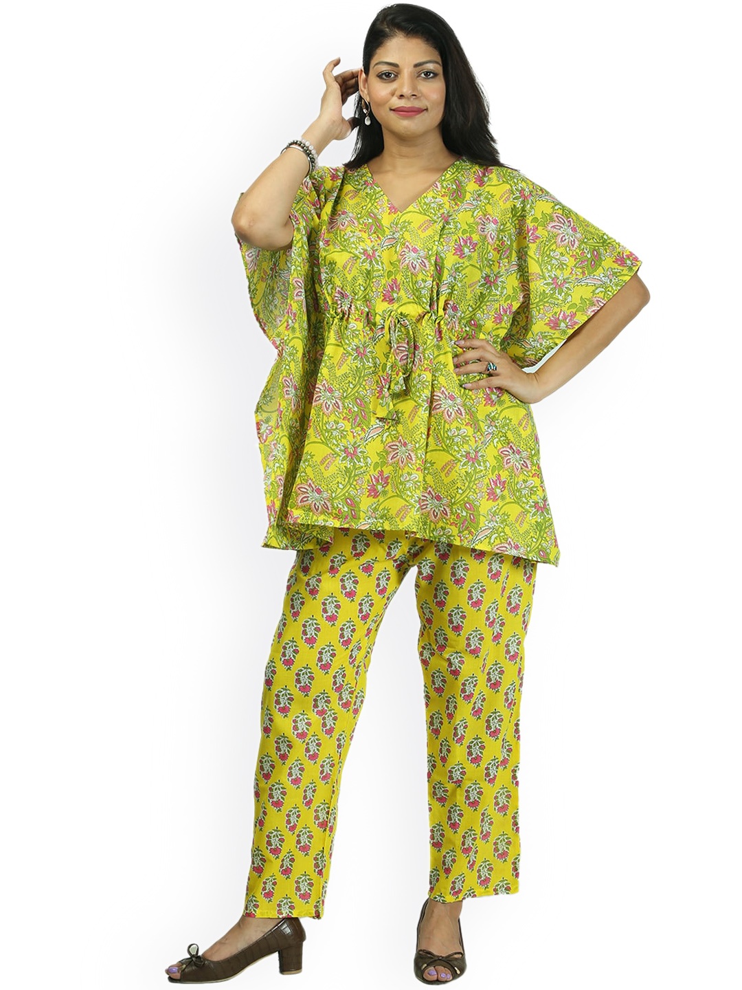 

Freesia Array Printed Pure Cotton V-Neck Top With Flared Trouser, Yellow