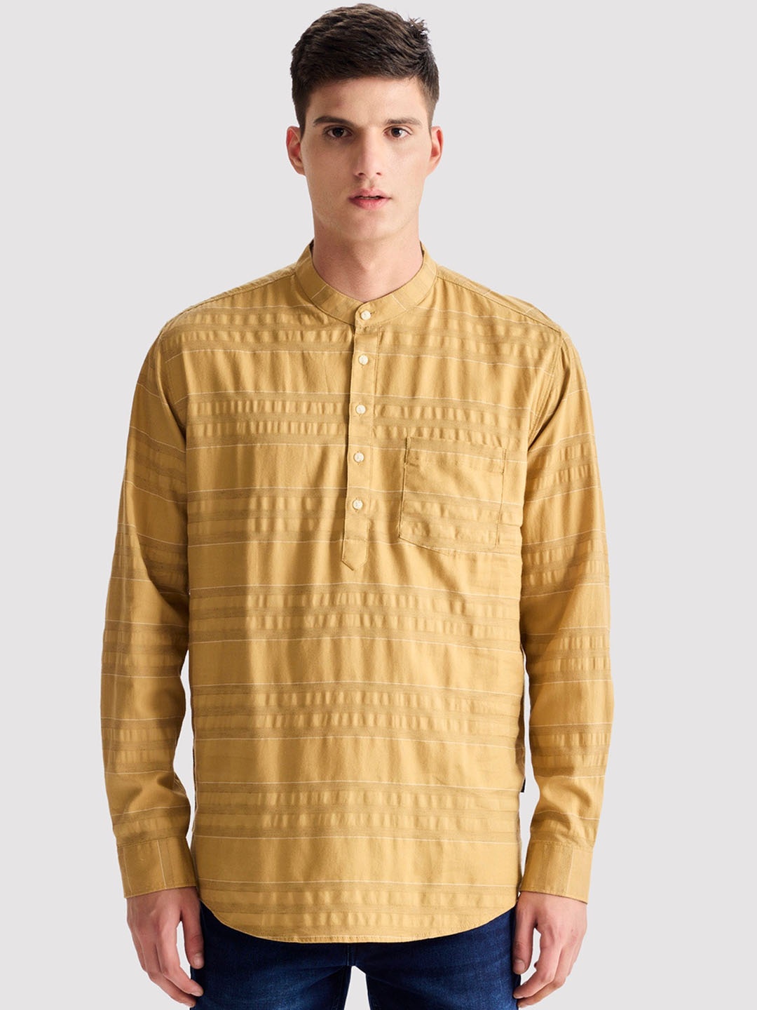 

Red Flame Band Collar Long Sleeves Striped Straight Cotton Kurta, Mustard