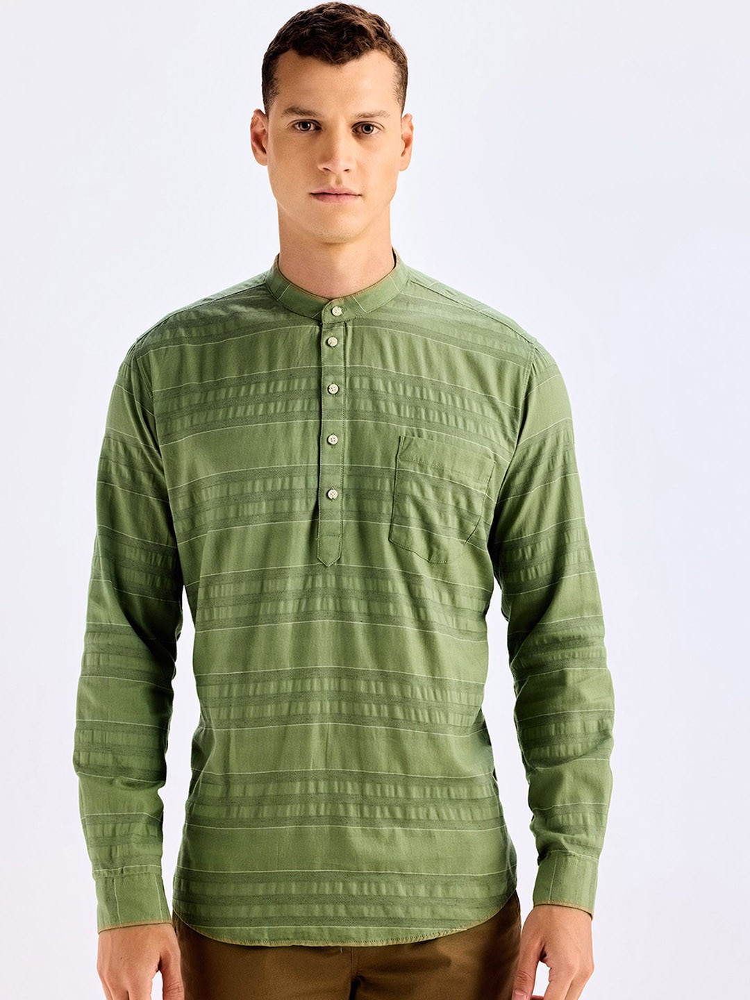 

Red Flame Striped Band Collar Pure Cotton Dobby Kurta, Green