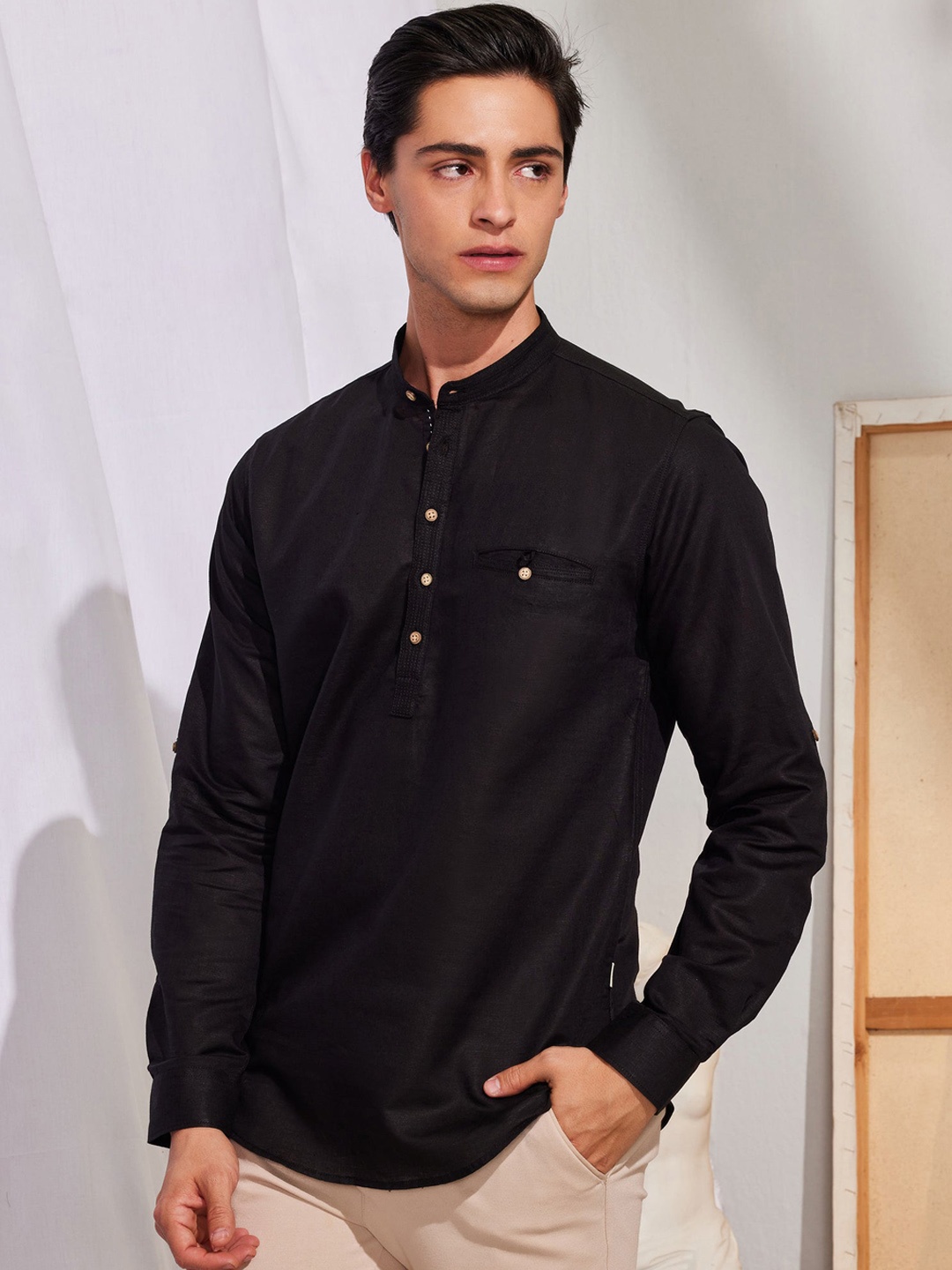 

Red Flame Mandarin Collar Long Sleeves Straight Cotton Kurta, Black