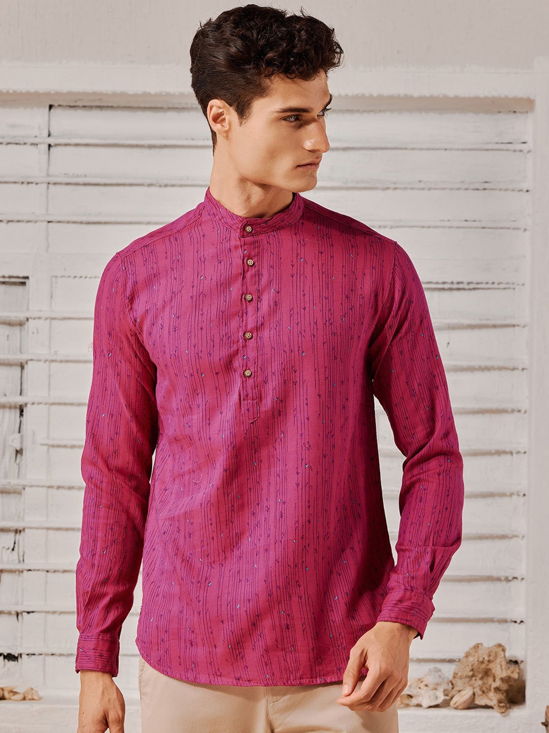 

Red Flame Mandarin Collar Cotton Dobby Kurta, Pink