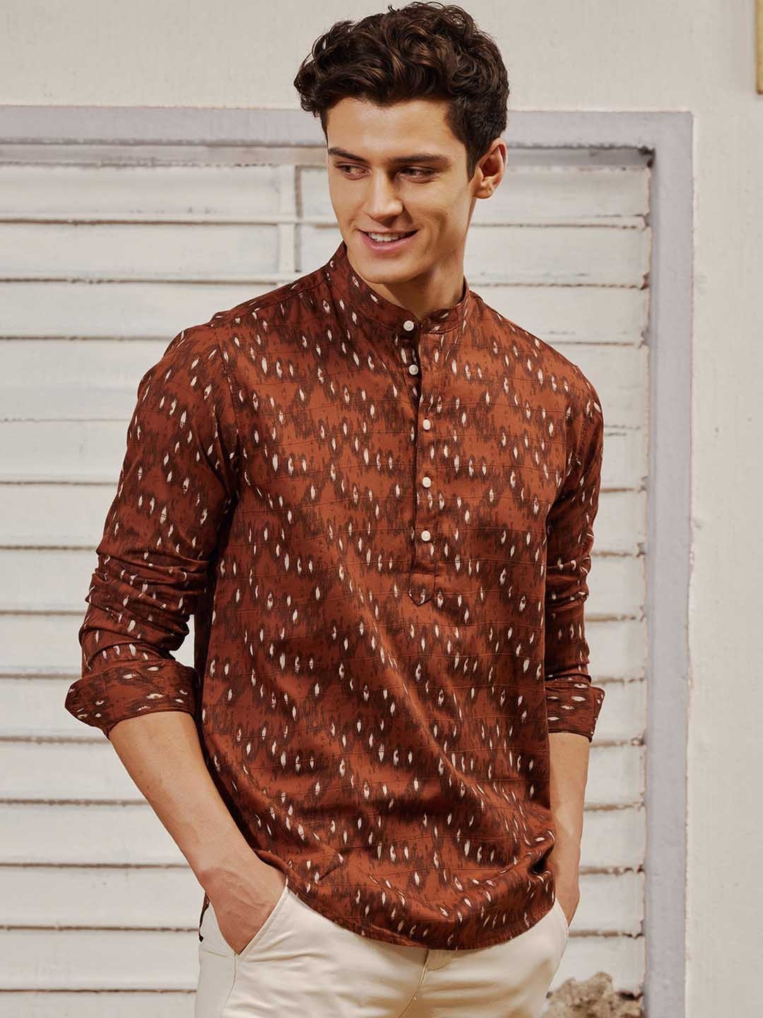 Red Flame Printed Thread Work Dobby Cotton Pathani Kurta, Brown