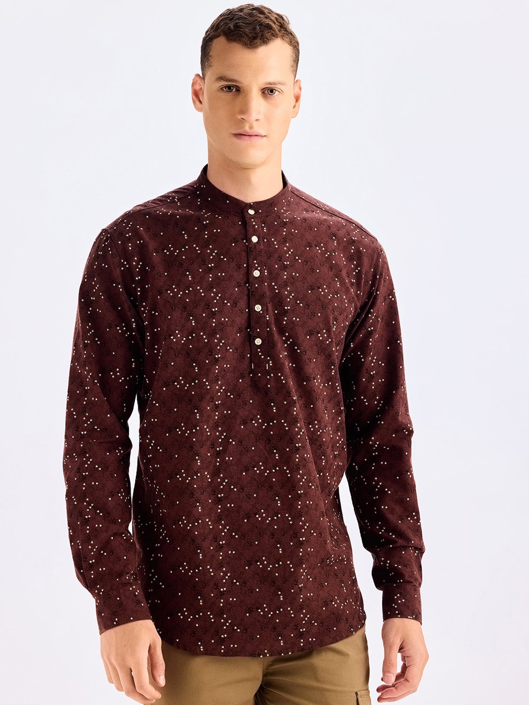 Red Flame Mandarin Collar Long Sleeves Cotton Dobby Kurta, Brown