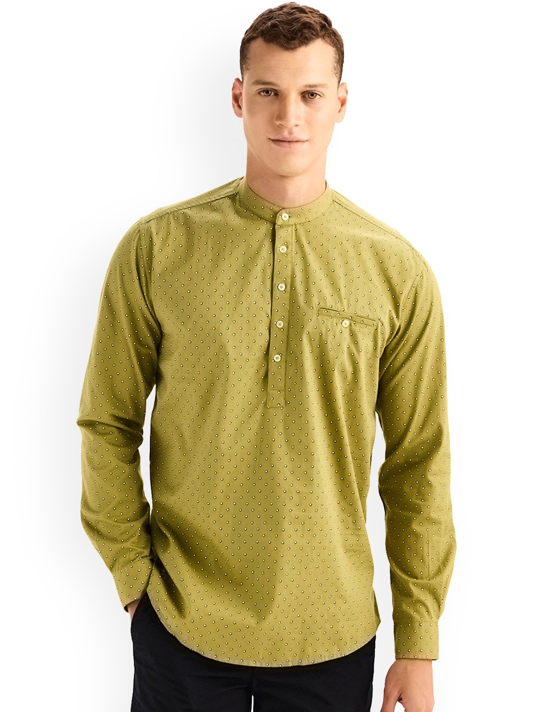 

Red Flame Printed Band Collar Pure Cotton Kurta, Olive