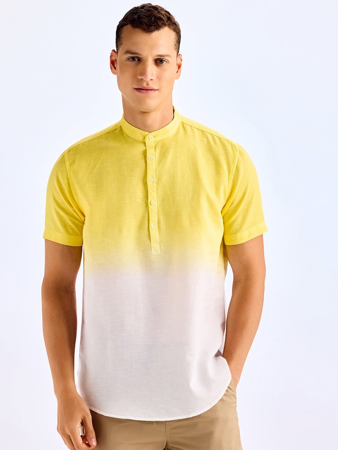 

Red Flame Tie & Dye Band Collar Linen Cotton Kurta, Yellow
