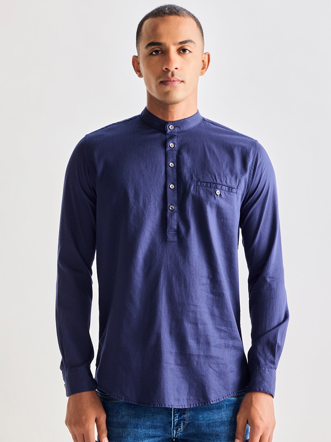 Red Flame Self Design Band Collar Pure Cotton Kurta, Navy blue