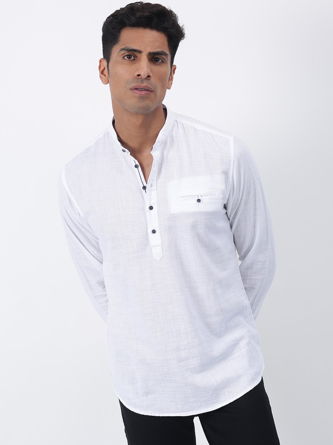 

Red Flame Mandarin Collar Cotton Dobby Kurta, White