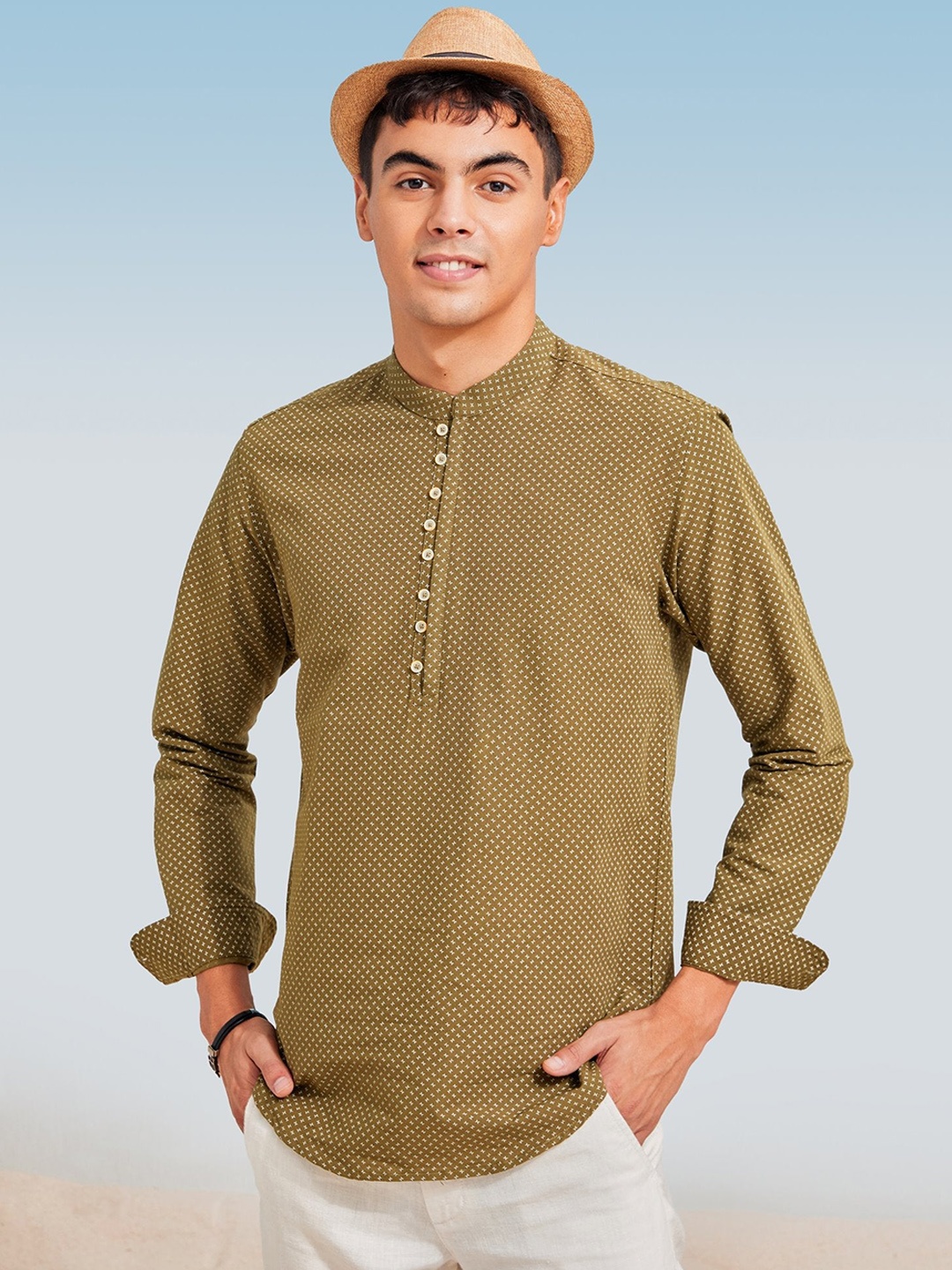 

Red Flame Mandarin Collar Cotton Strigth Kurta, Green