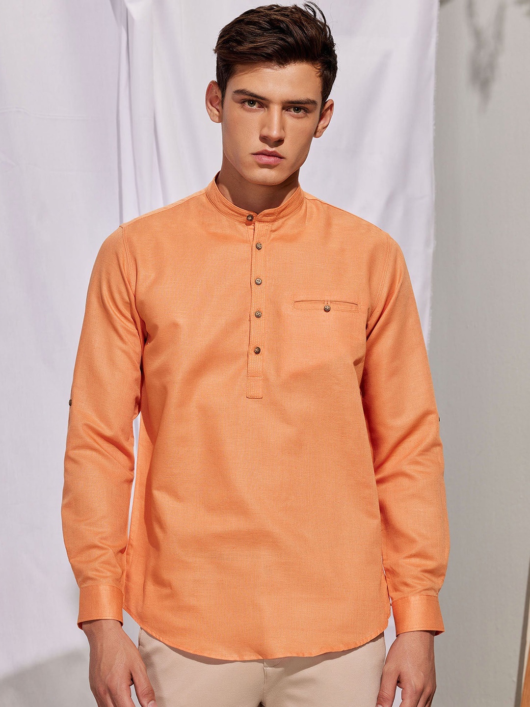 

Red Flame Mandarin Collar Long Sleeves Straight Cotton Kurta, Orange
