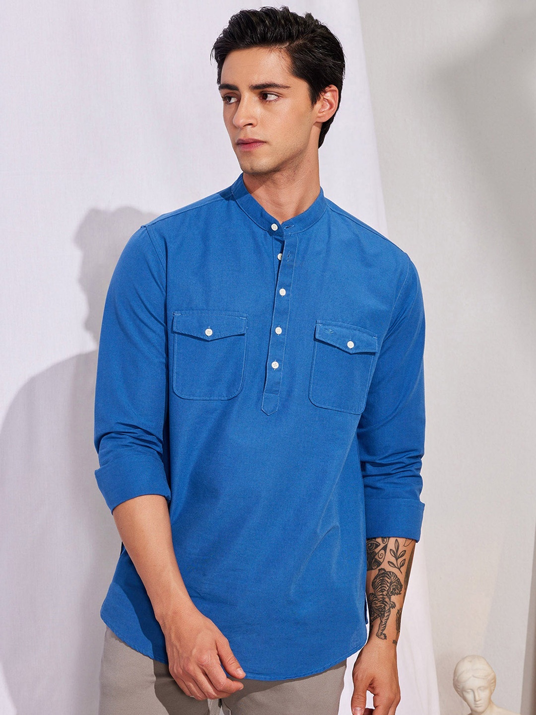 

Red Flame Band Collar Pure Cotton Straight Kurta, Blue