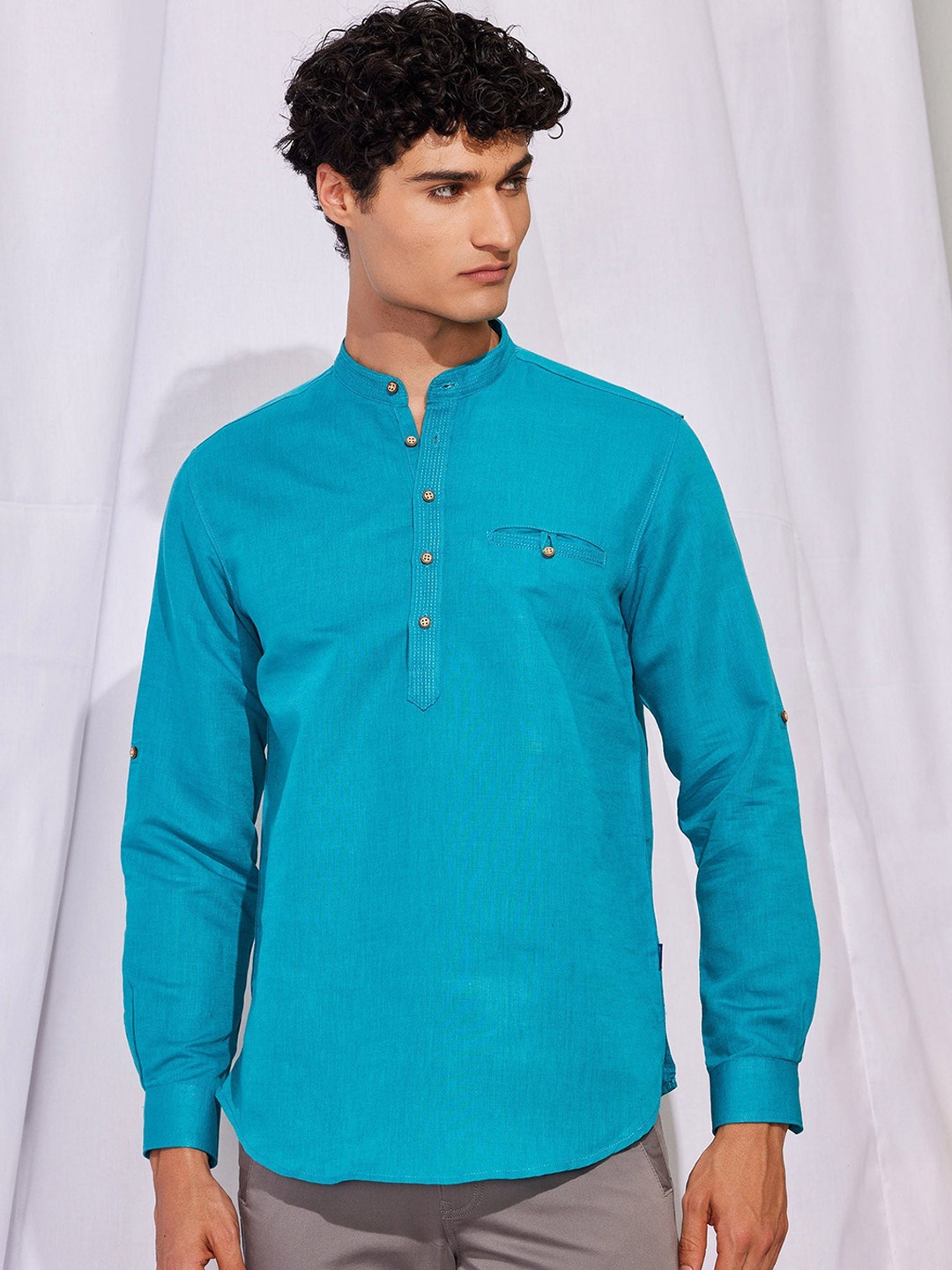 Red Flame Mandarin Collar Long Sleeves Straight Cotton Kurta, Blue