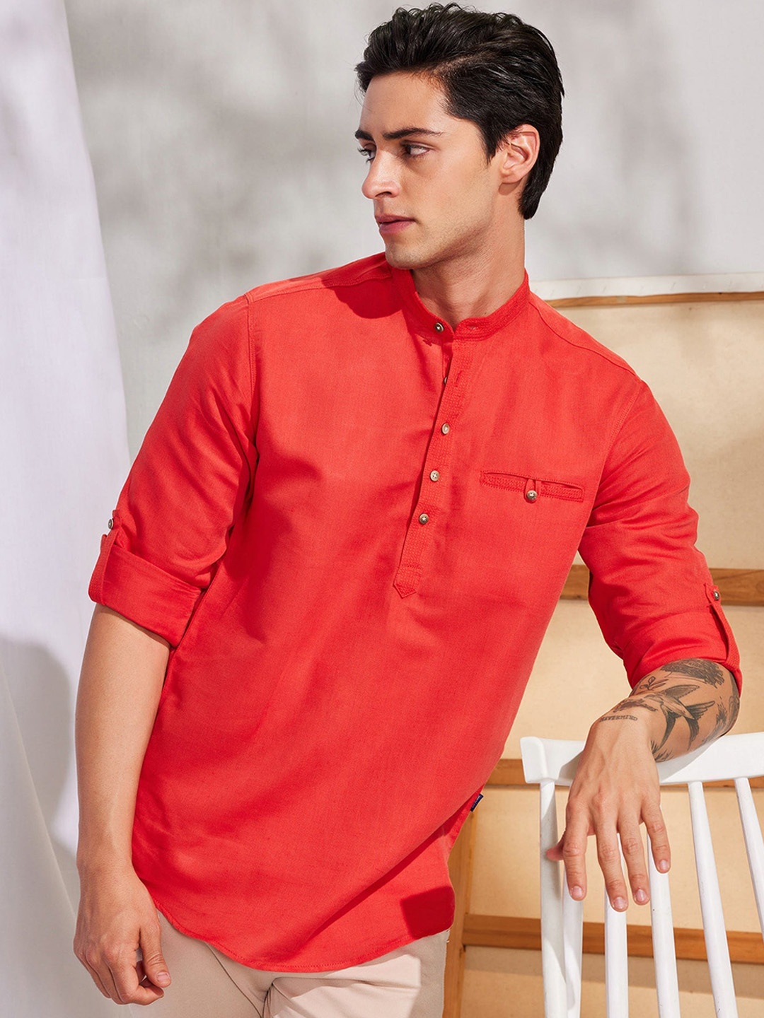 

Red Flame Mandarin Collar Long Sleeves Straight Cotton Kurta