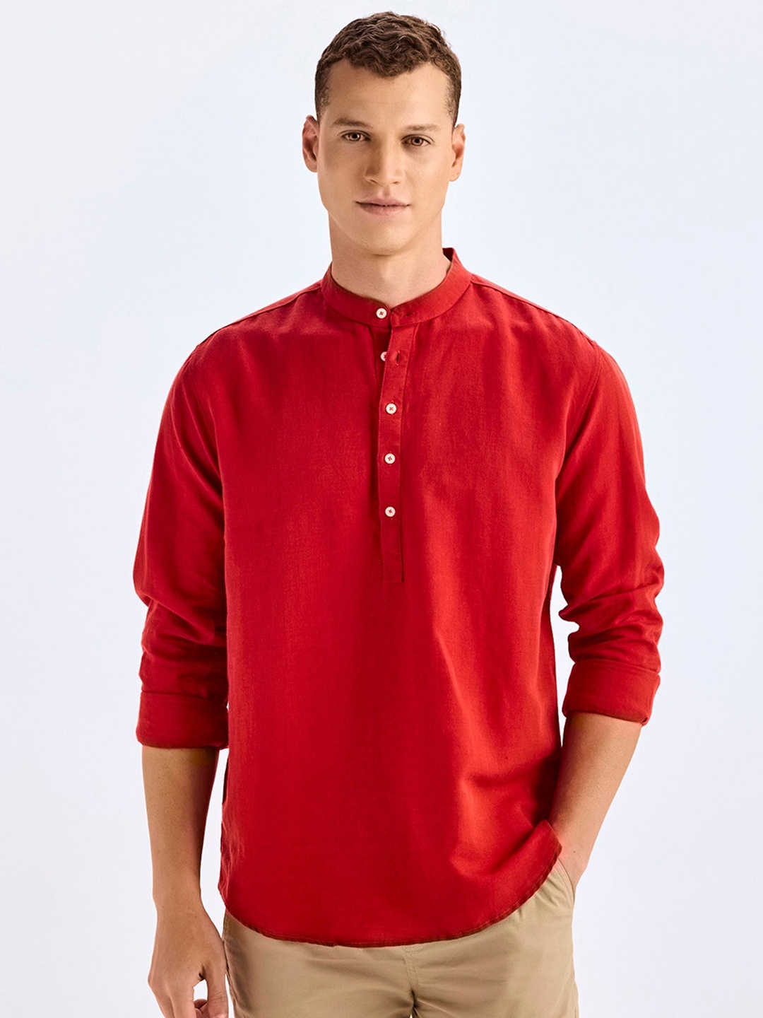 

Red Flame Mandarin Collar Long Sleeves Straight Cotton Kurta