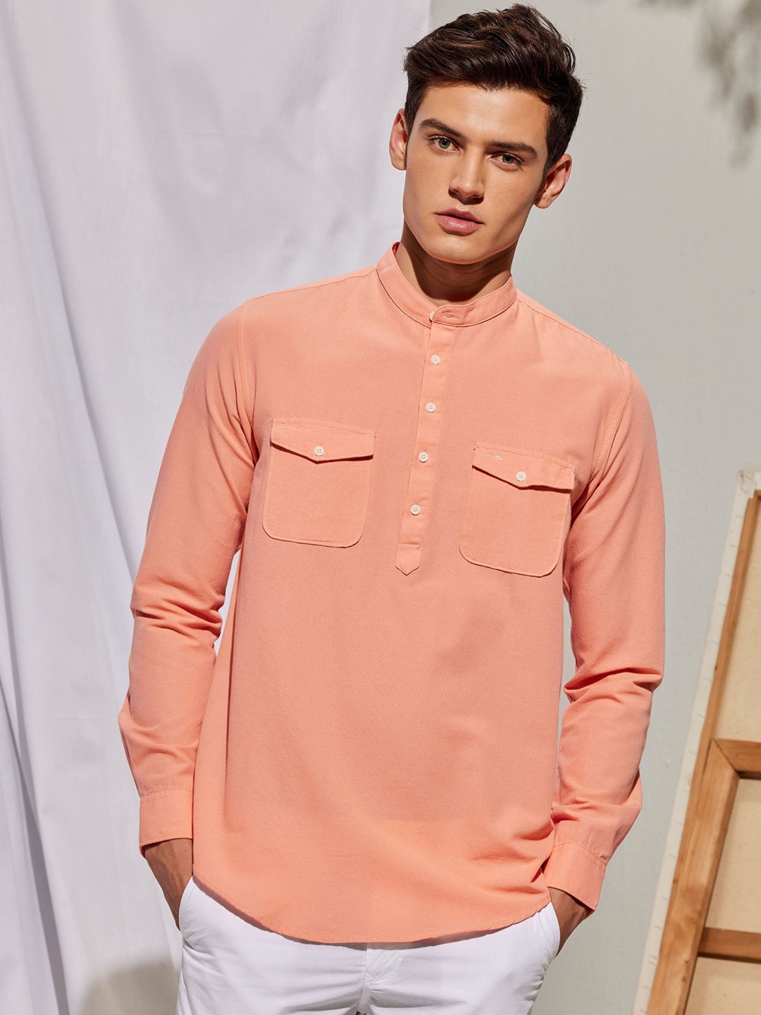 

Red Flame Band Collar Pure Cotton Kurta, Pink