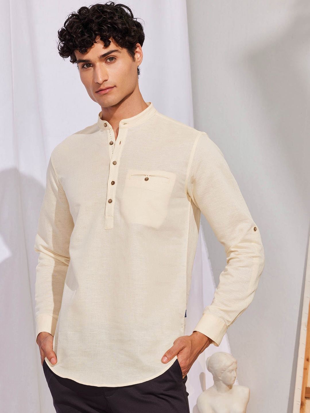 

Red Flame Mandarin Collar Long Sleeves Straight Cotton Kurta, White