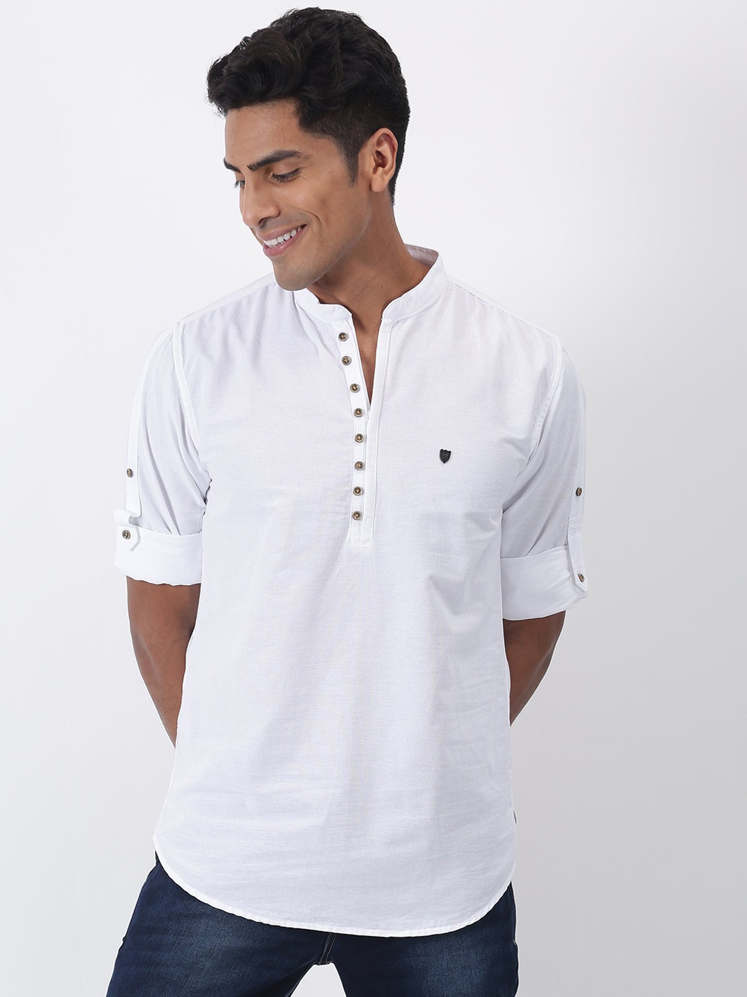 Red Flame Mandarin Collar Pure Cotton Straight Kurta, White