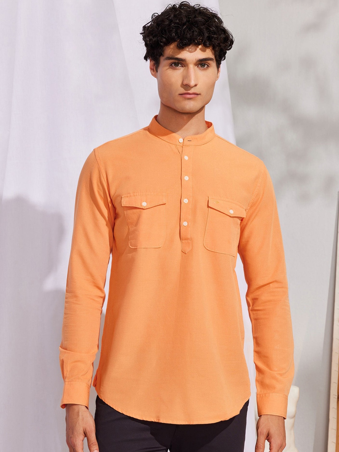 Red Flame Band Collar Long Sleeves Cotton Kurta, Orange