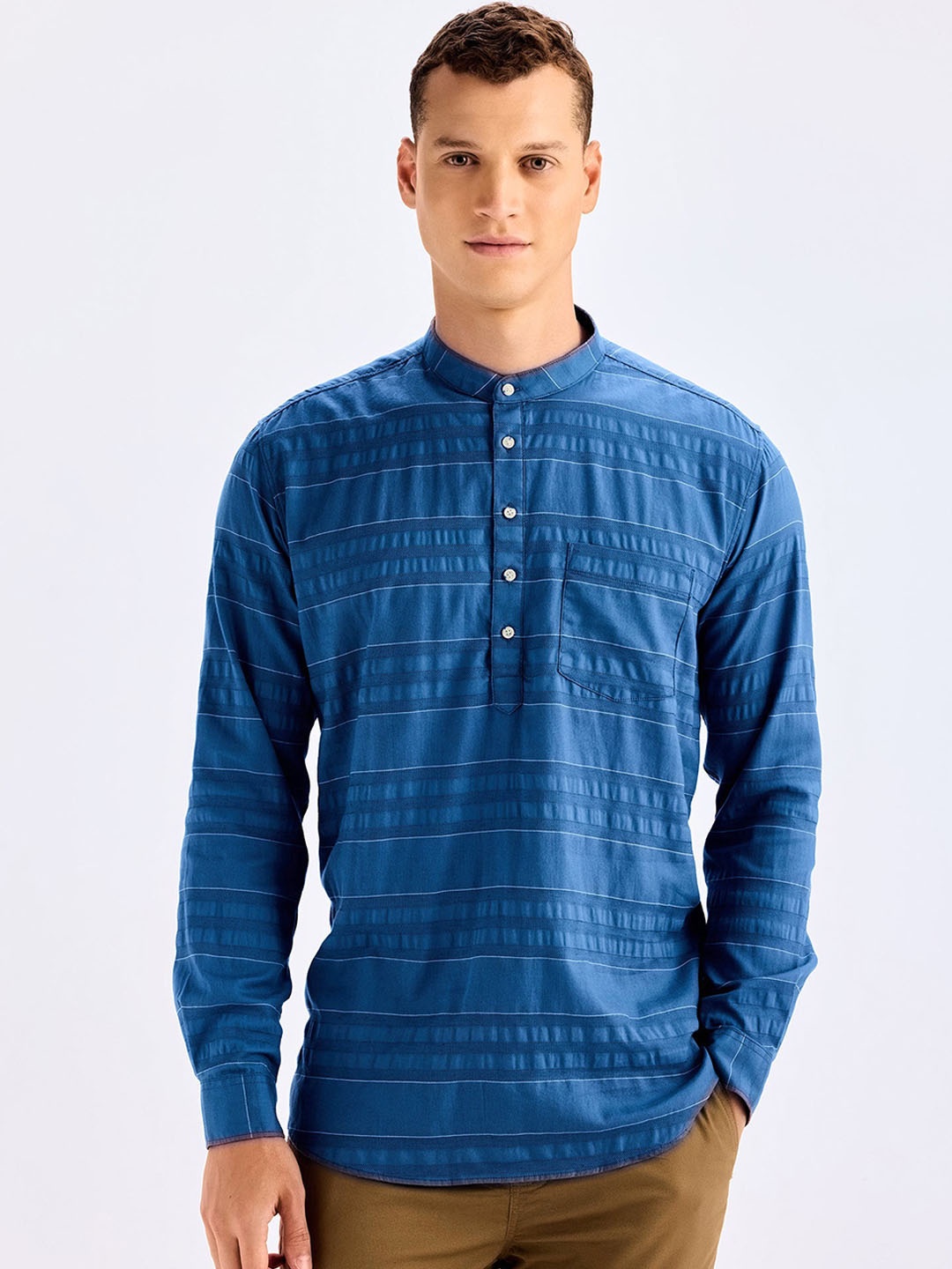 

Red Flame Band Collar Long Sleeves Striped Straight Cotton Kurta, Blue
