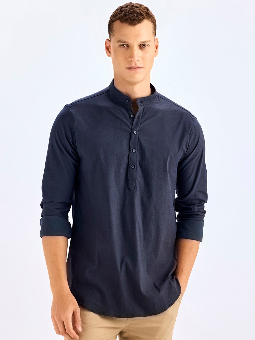 

Red Flame Mandarin Collar Long Sleeves Straight Kurta, Grey