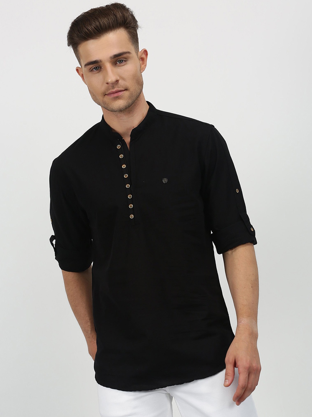 

Red Flame Mandarin Collar Long Sleeves Straight Cotton Kurta, Black