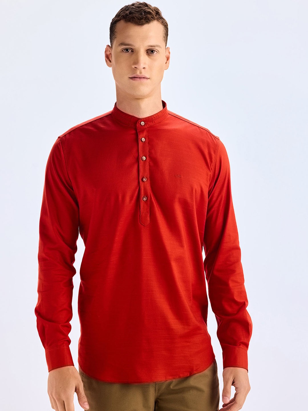 

Red Flame Mandarin Collar Long Sleeves Straight Cotton Kurta