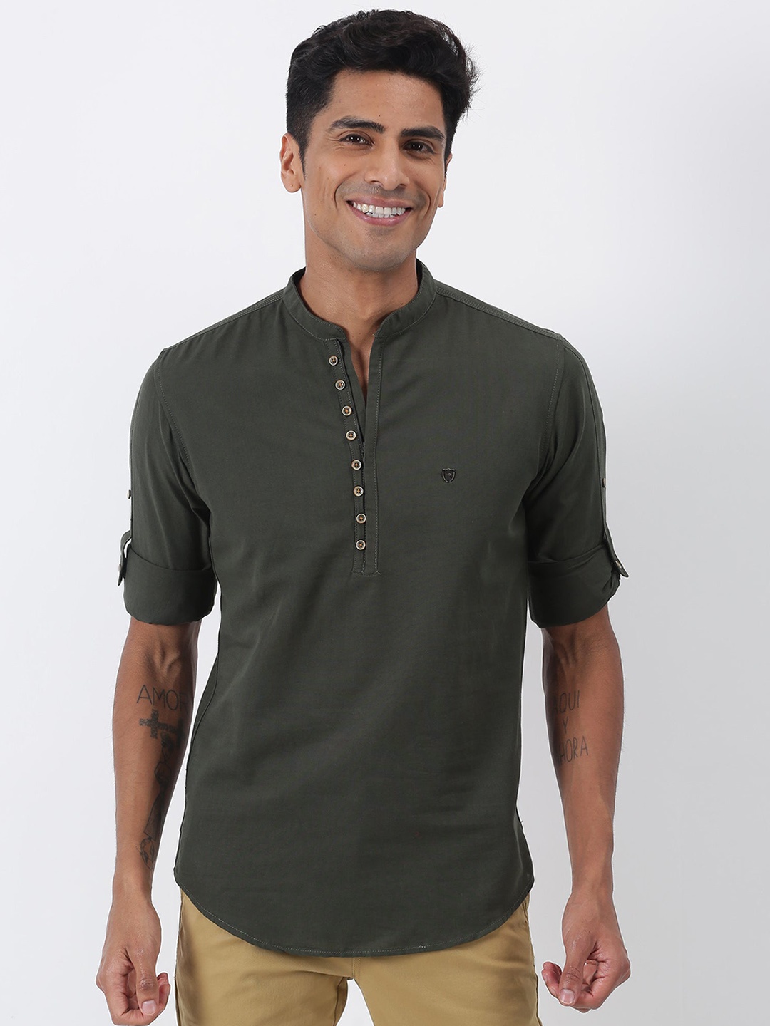

Red Flame Mandarin Collar Long Sleeves Straight Cotton Kurta, Olive