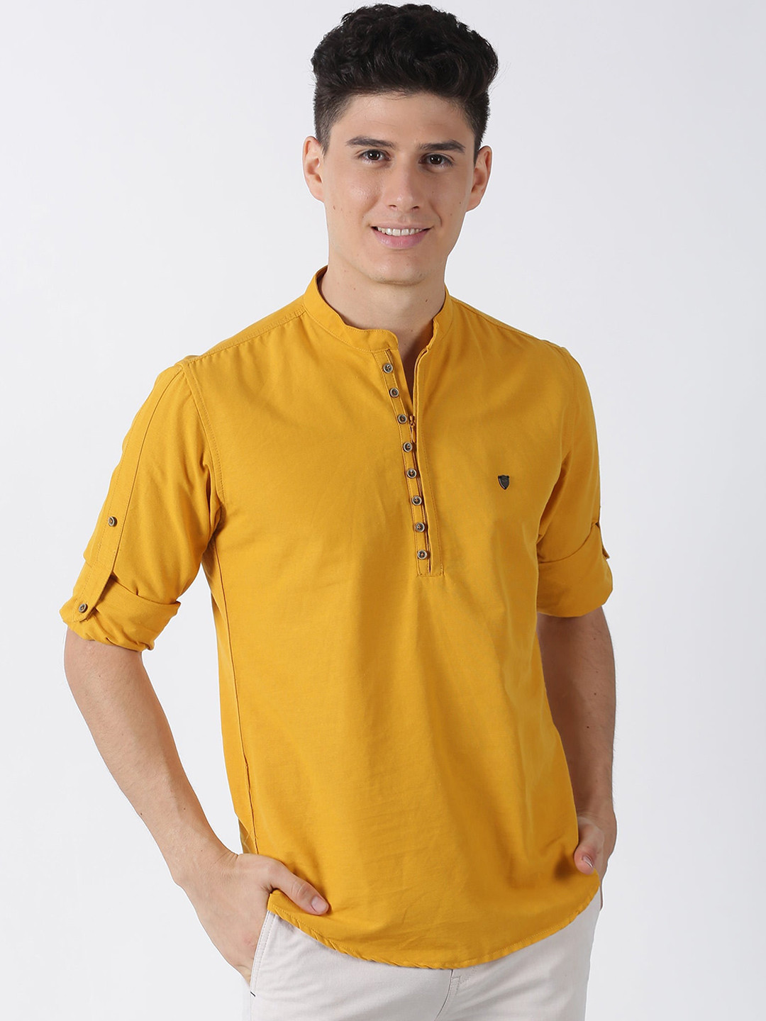 

Red Flame Mandarin Collar Roll-Up Sleeves Pure Cotton Kurta, Yellow