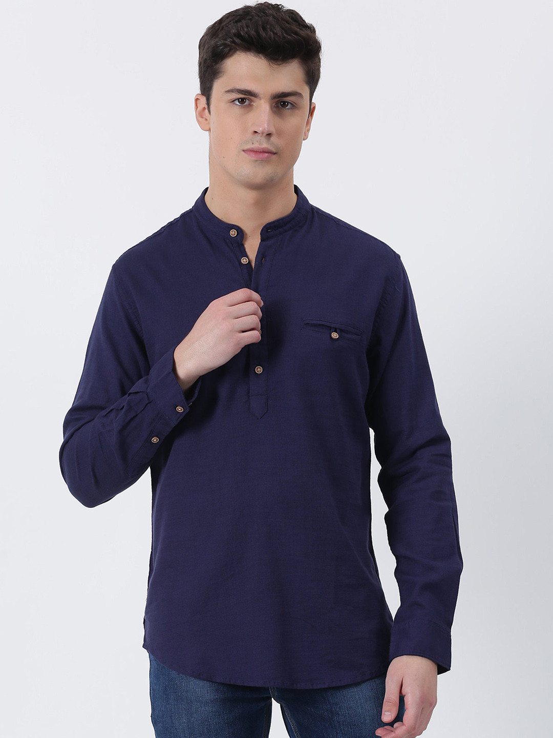 

Red Flame Band Collar Pure Cotton Straight Kurta, Navy blue