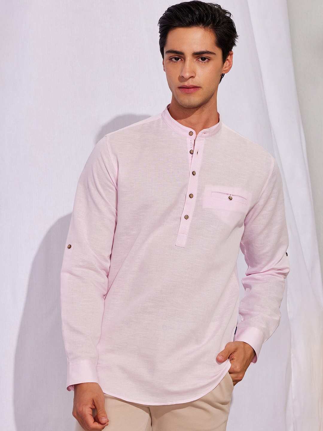Red Flame Band Collar Linen Cotton Kurta, Pink