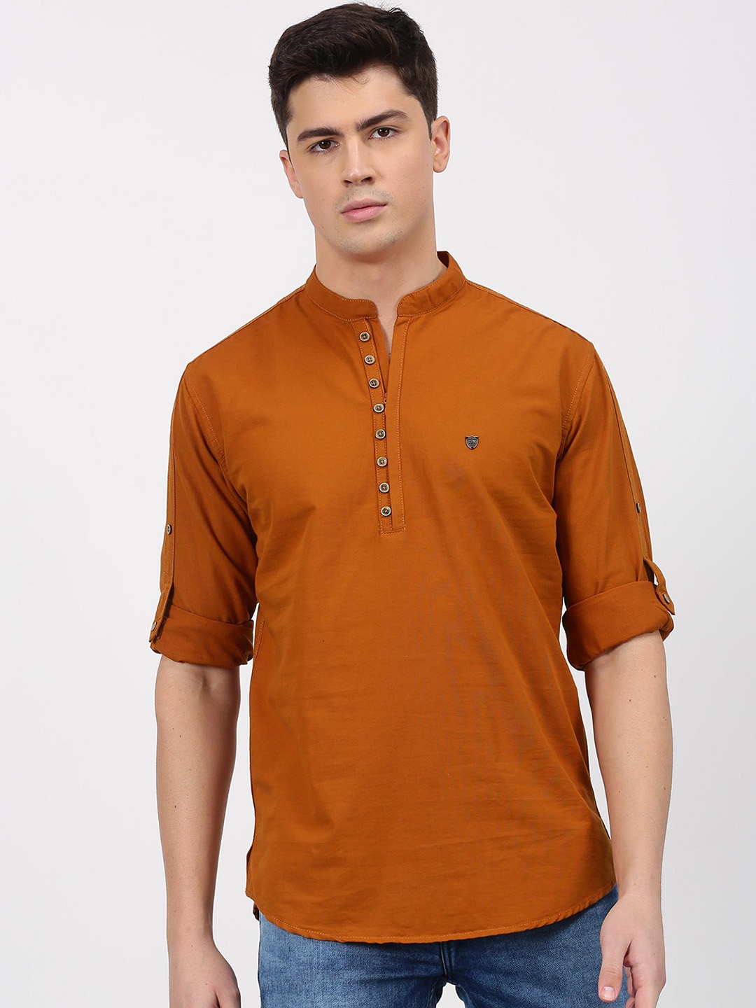 Red Flame Mandarin Collar Long Sleeves Straight Cotton Kurta, Brown