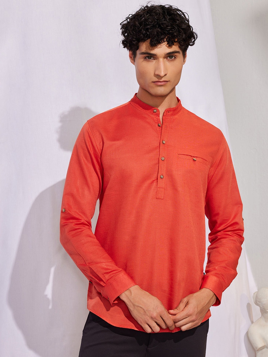 

Red Flame Mandarin Collar Long Sleeves Straight Cotton Kurta, Orange