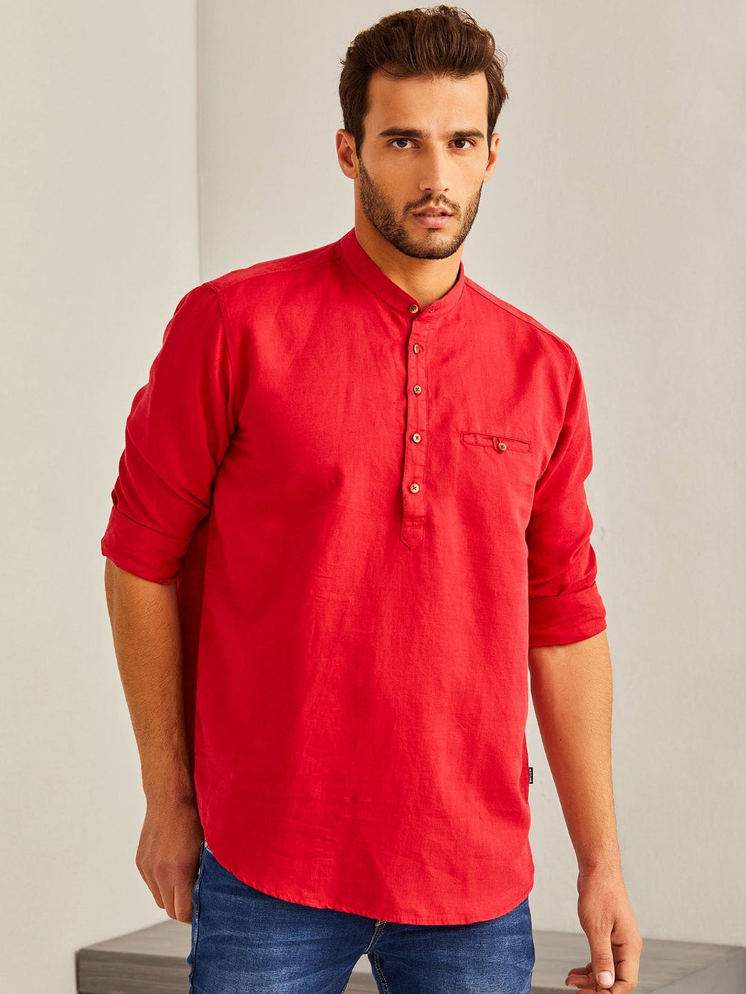 

Red Flame Mandarin Collar Pure Cotton Straight Kurta