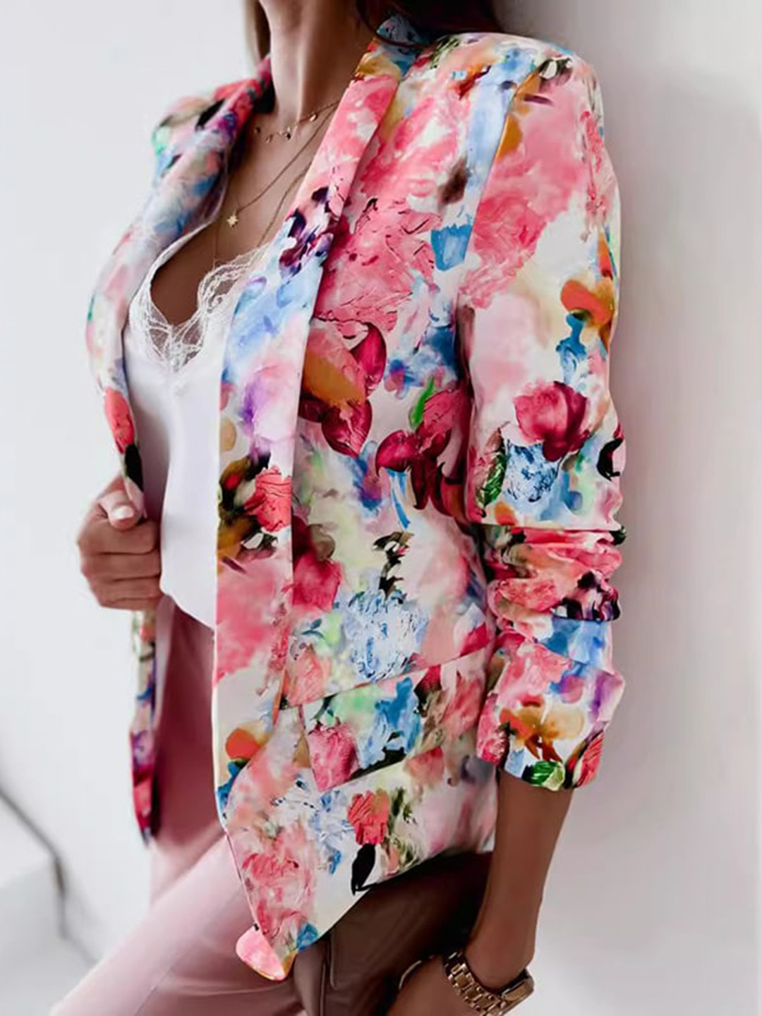 

StyleCast x Revolte Floral Print Notched Lapel Long Sleeves Tailored Jacket, Pink