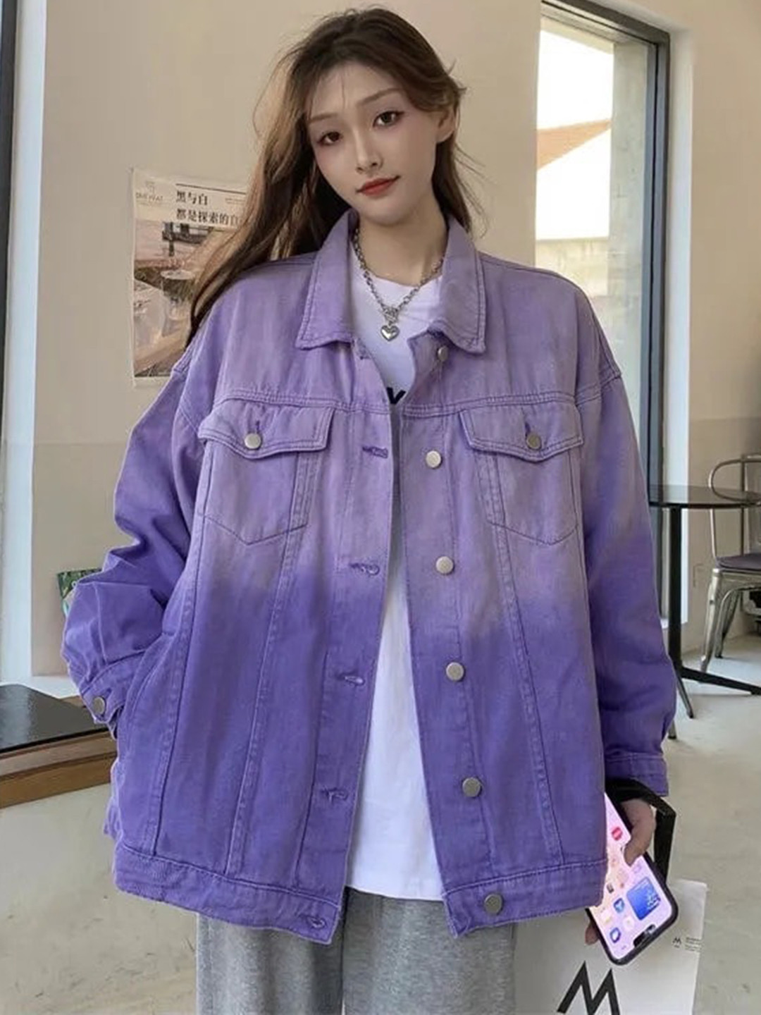 

StyleCast x Revolte Spread Collar Cotton Longline Denim Jacket, Purple