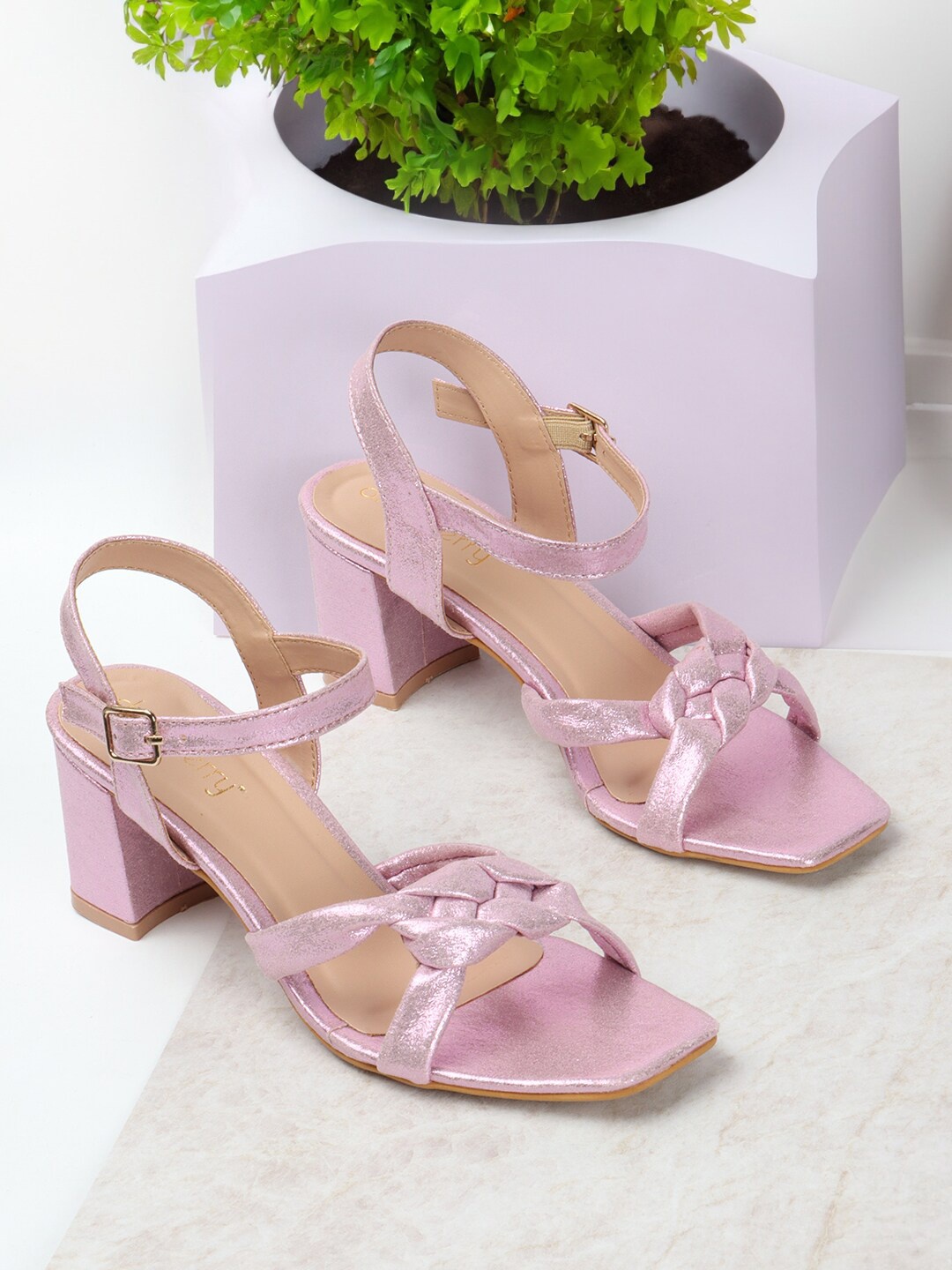 

DressBerry Pink Textured Open Toe Block Heels