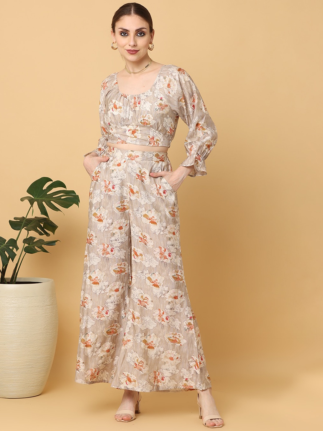 

Cora Printed Top With Palazzos, Grey