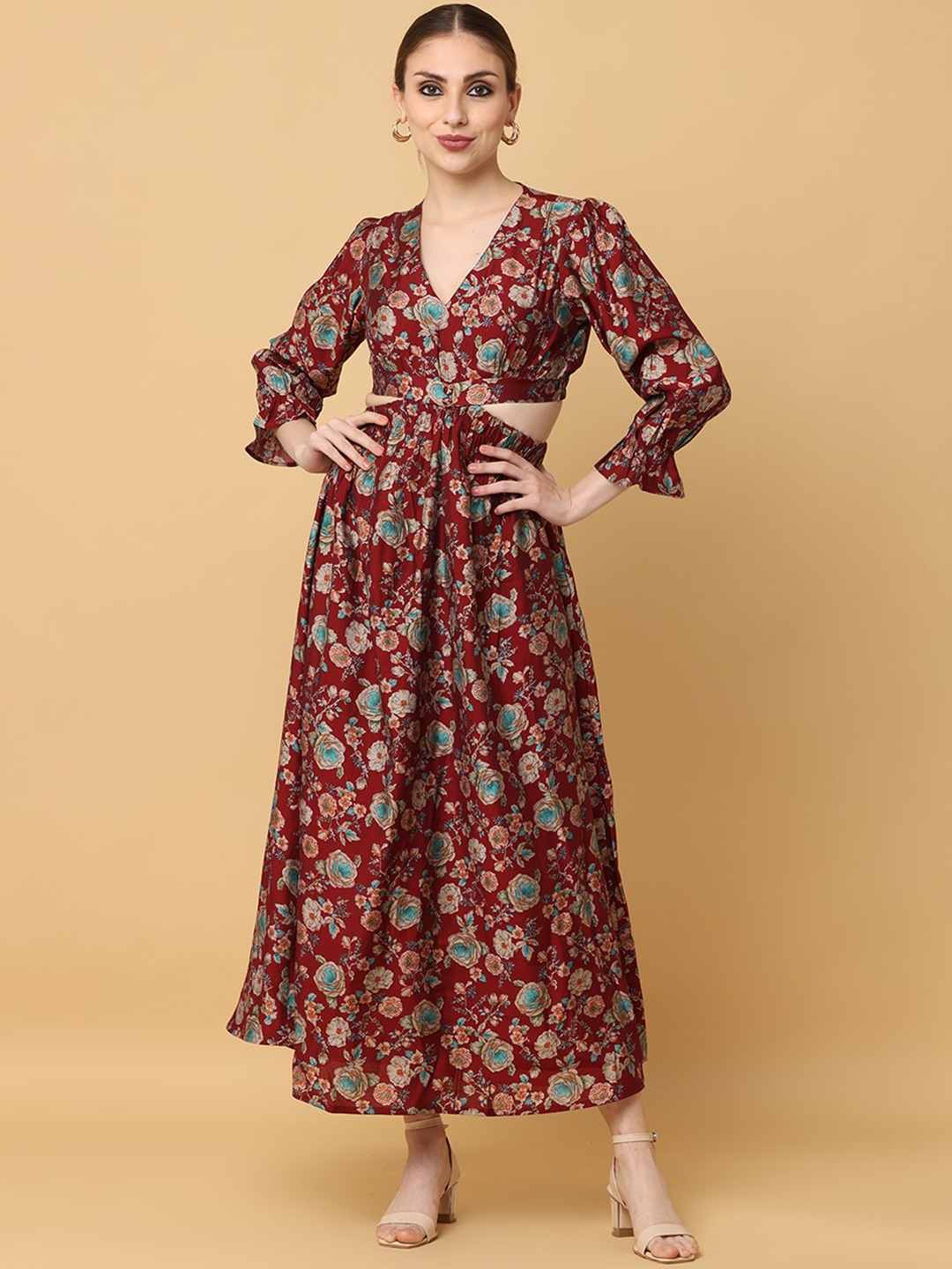 

Cora Floral Printed V-Neck Top With Flared Skirt, Maroon