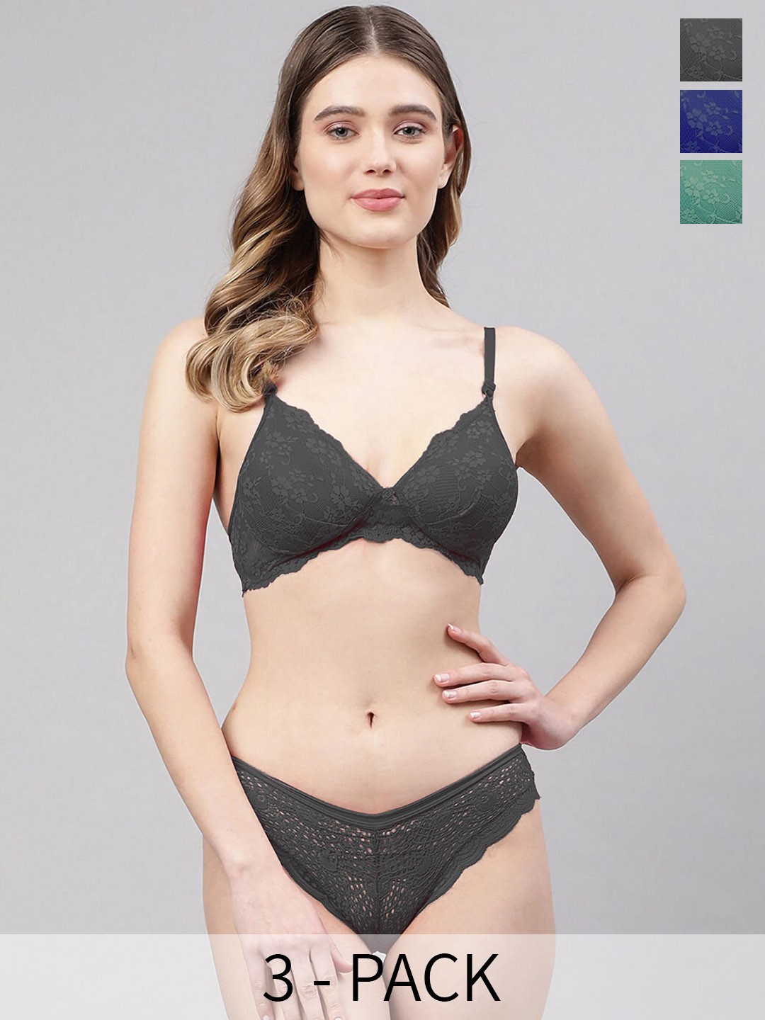 

Aamarsh Pack Of 3 Self Design Lingerie Set, Black