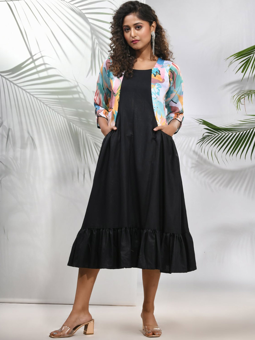 

Charukriti Shoulder Strap Cotton Fit & Flared Midi Dress With Jacket, Black