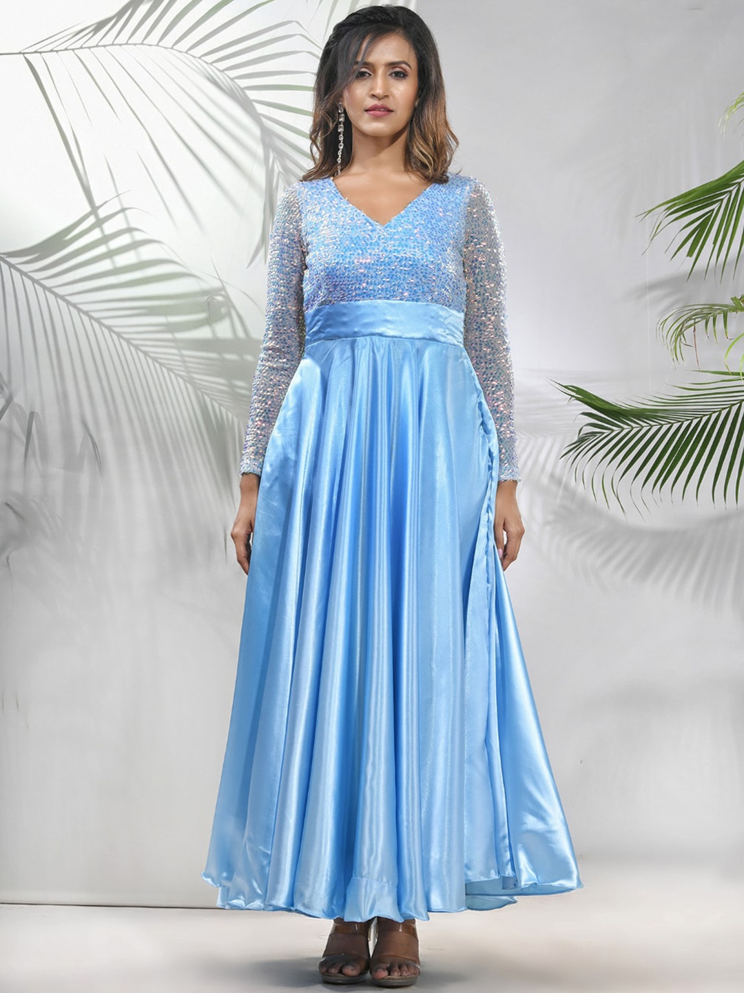 

Charukriti Embellished V-Neck Long Sleeves Satin Fit & Flared Maxi Gown, Blue