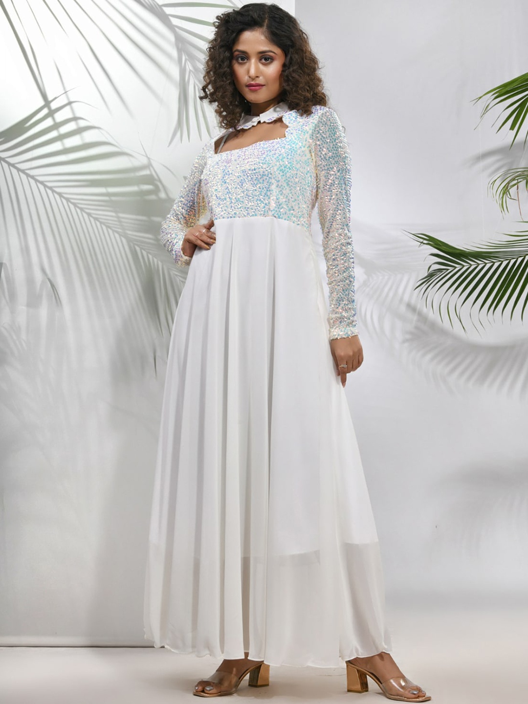 

Charukriti Embellished Long Sleeves Pleated Fit & Flared Maxi Dress, Off white