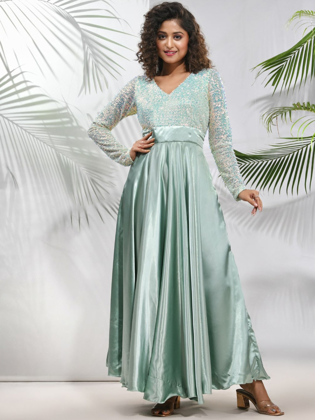

Charukriti Embellished V-Neck Long Sleeves Satin Fit & Flared Maxi Gown, Green