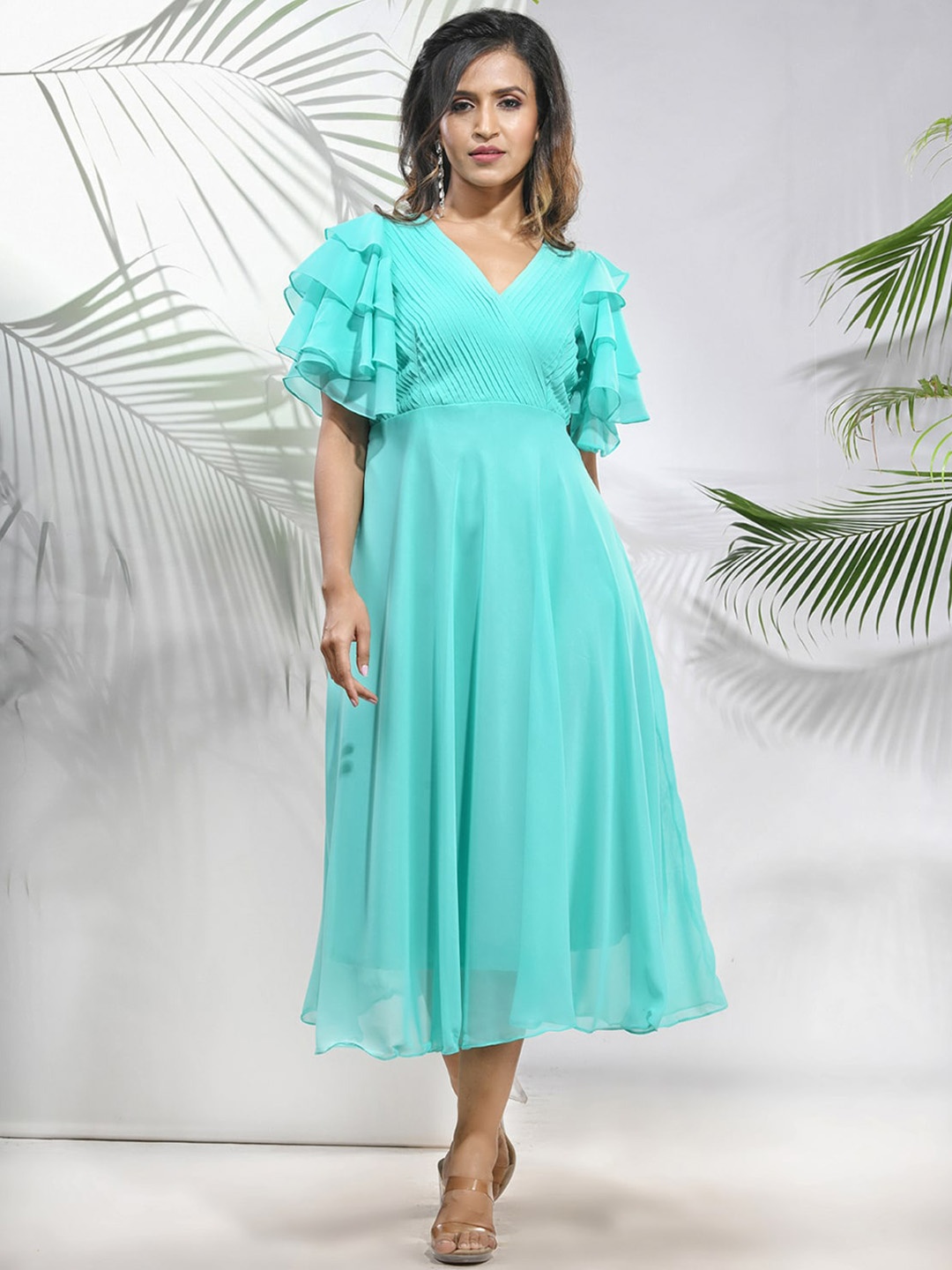 

Charukriti Embellished Fit & Flared Midi Dress With Ruffle Sleeves, Sea green
