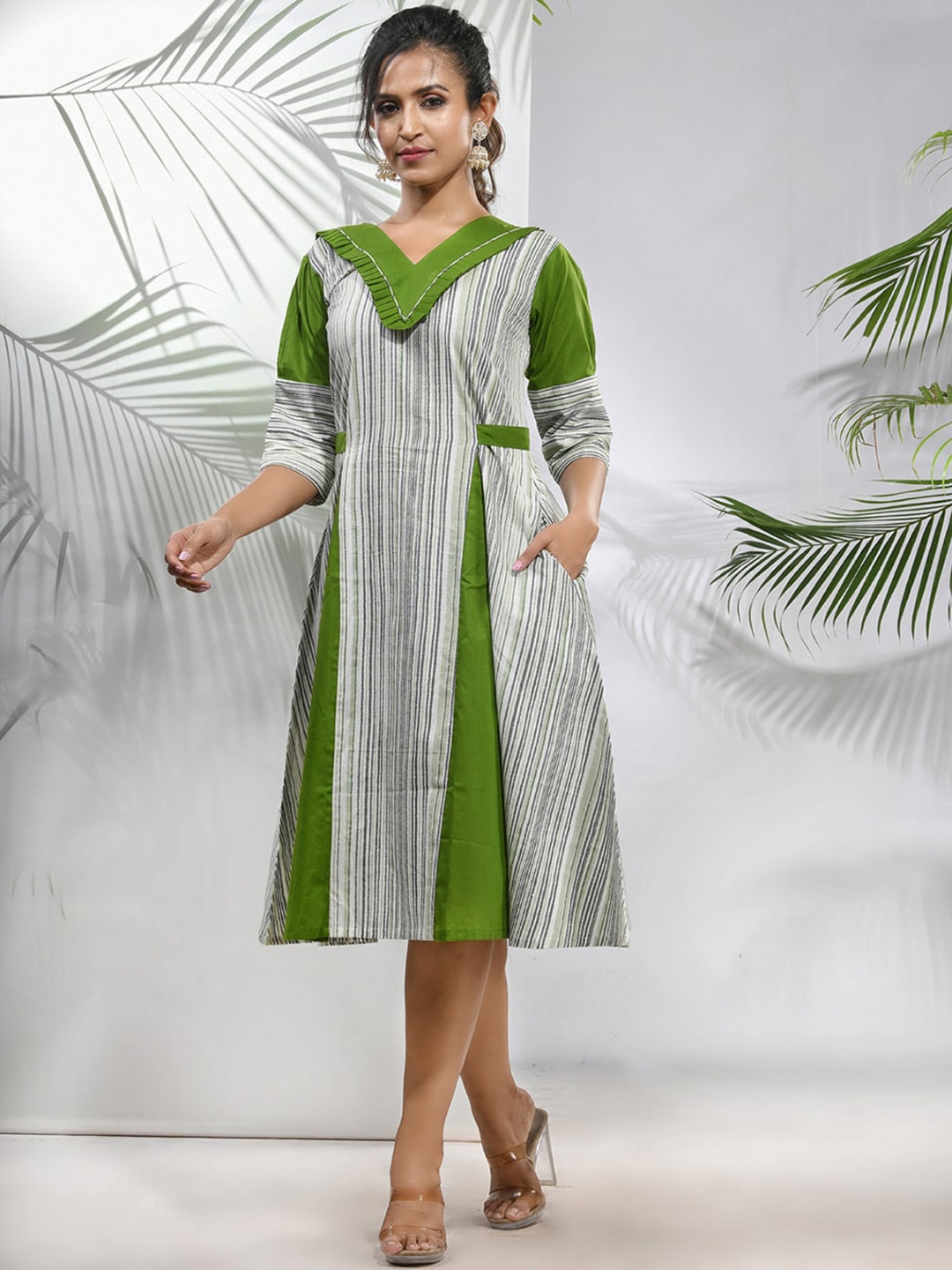 

Charukriti Striped V-Neck Cotton Panelled Cotton A Line Dress, White