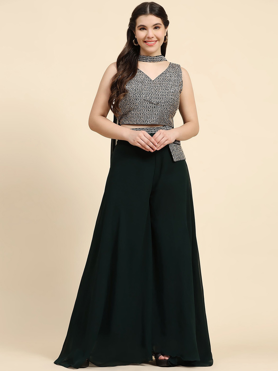 

AMOHA TRENDZ Embellished Crop Top & Palazzos With Dupatta Co-Ords, Green